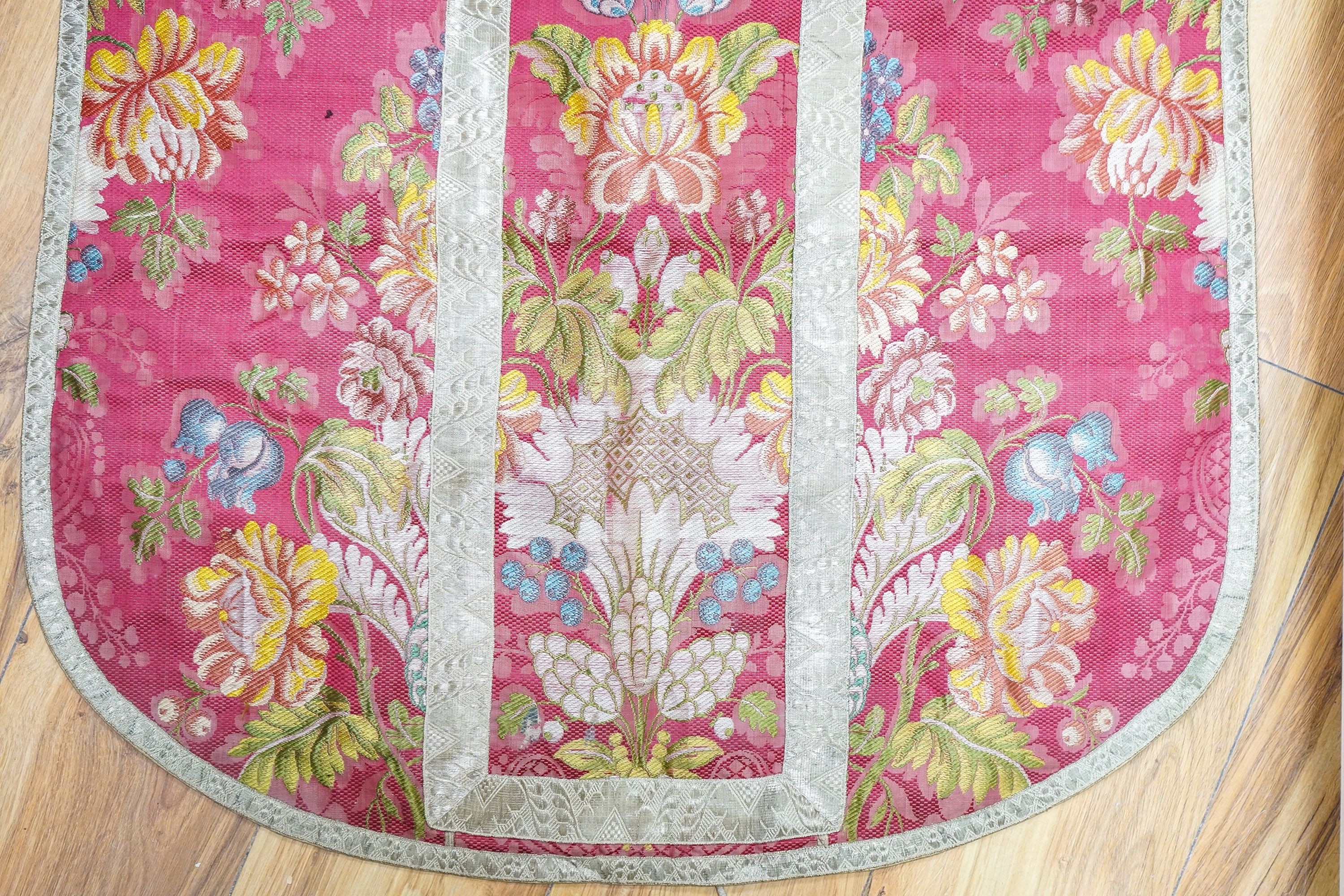 A woven silk ecclesiastical cope vestment and a pink silk shawl (2)